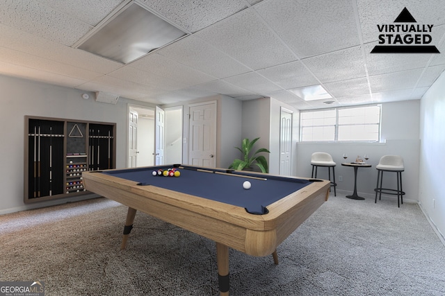 5723 Fieldstone Dr, Lithonia, GA 30038 - recreation room featuring a paneled ceiling, carpet flooring, pool table, and baseboards