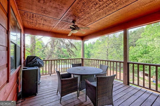 428 Gibbs Rd, Blairsville, GA 30512 - wooden deck featuring a ceiling fan, a forest view, and outdoor dining area