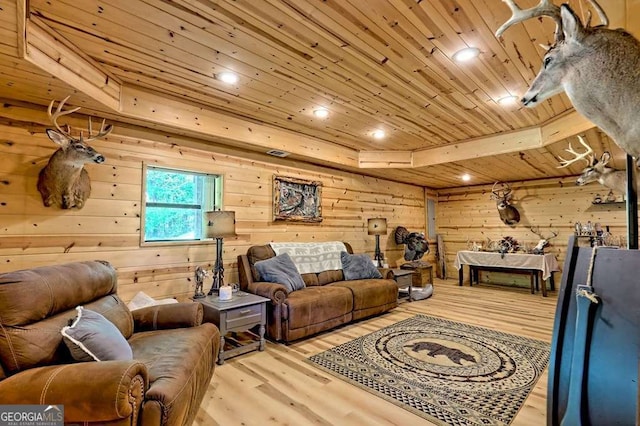 428 Gibbs Rd, Blairsville, GA 30512 - living room featuring wood ceiling, wood finished floors, wood walls, and recessed lighting