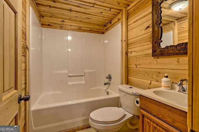 bathroom with wooden ceiling, washtub / shower combination, vanity, and toilet