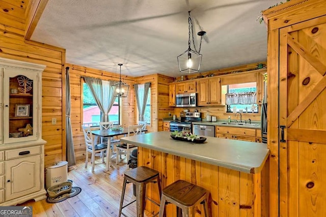 428 Gibbs Rd, Blairsville, GA 30512 - kitchen with appliances with stainless steel finishes, wooden walls, light countertops, light wood-style flooring, and a kitchen breakfast bar