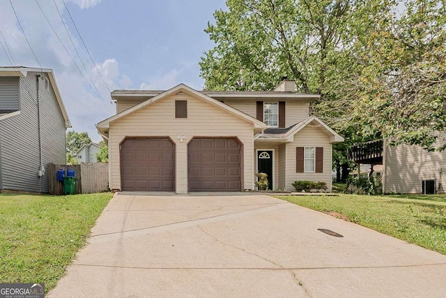 traditional-style house with a garage, cooling unit, a chimney, a front lawn, and driveway