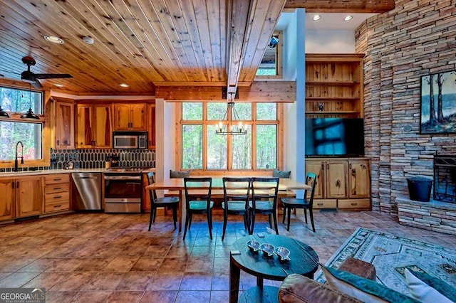 kitchen featuring appliances with stainless steel finishes, a sink, recessed lighting, wooden ceiling, and decorative backsplash