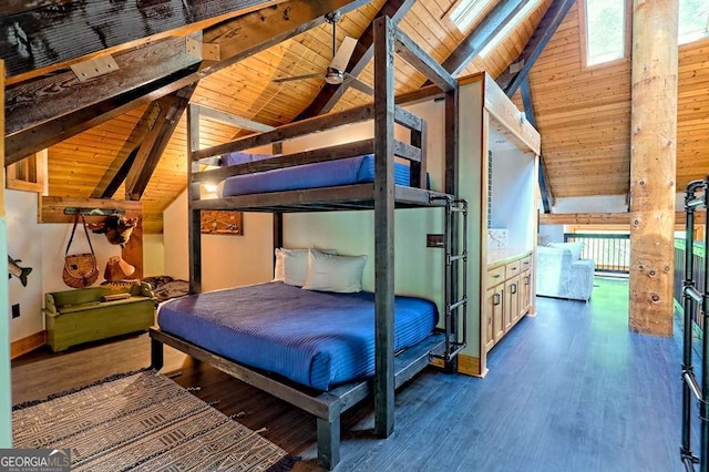 bedroom featuring wood finished floors, high vaulted ceiling, beam ceiling, and wooden ceiling