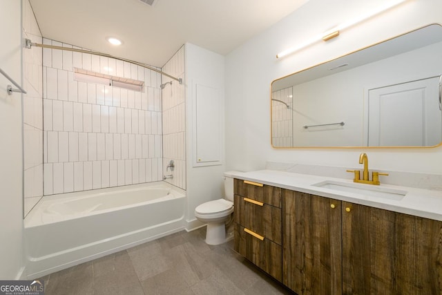 full bath featuring recessed lighting, bathing tub / shower combination, vanity, and toilet