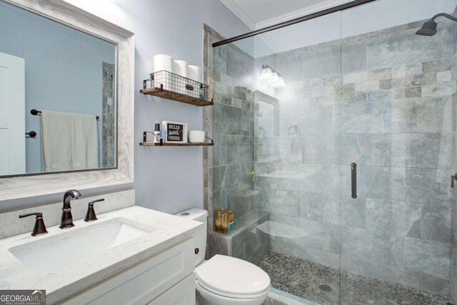 bathroom featuring vanity, a stall shower, and toilet
