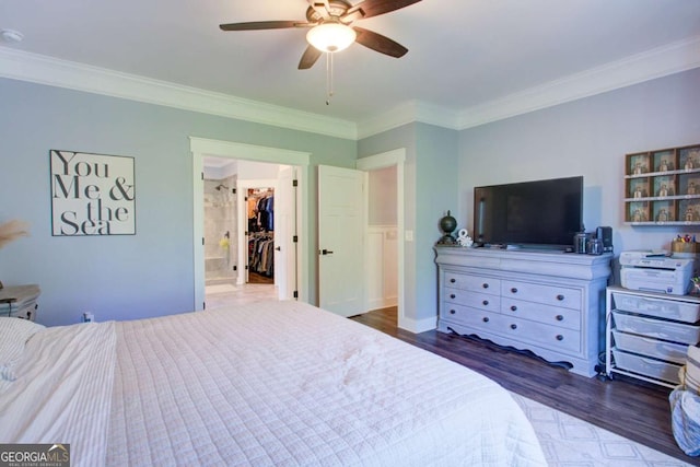 bedroom with crown molding, a walk in closet, wood finished floors, and ceiling fan