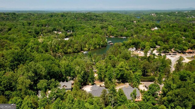 drone / aerial view with a forest view and a water view