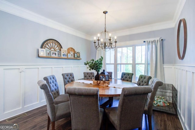 4840 Chestatee Heights Rd, Gainesville, GA 30506 - dining area with a decorative wall, a chandelier, dark wood-style flooring, ornamental molding, and a wainscoted wall