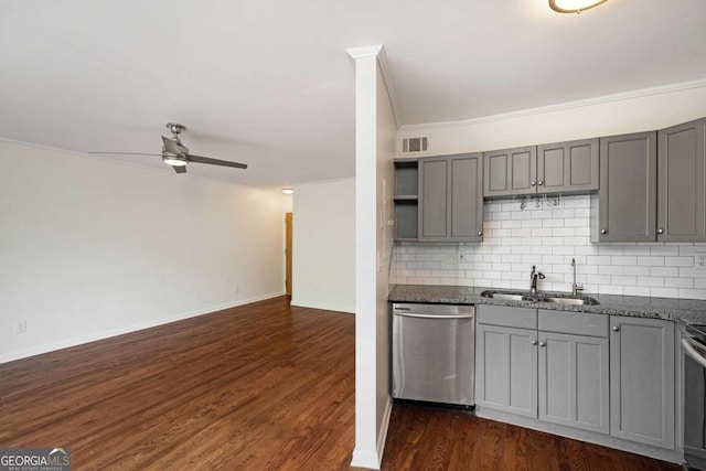 120 Alden Ave NW Unit C3, Atlanta, GA 30309 - kitchen with stainless steel appliances, gray cabinetry, a sink, and visible vents
