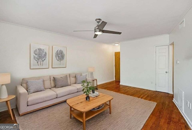 120 Alden Ave NW Unit C3, Atlanta, GA 30309 - living area with a ceiling fan, visible vents, wood finished floors, baseboards, and ornamental molding