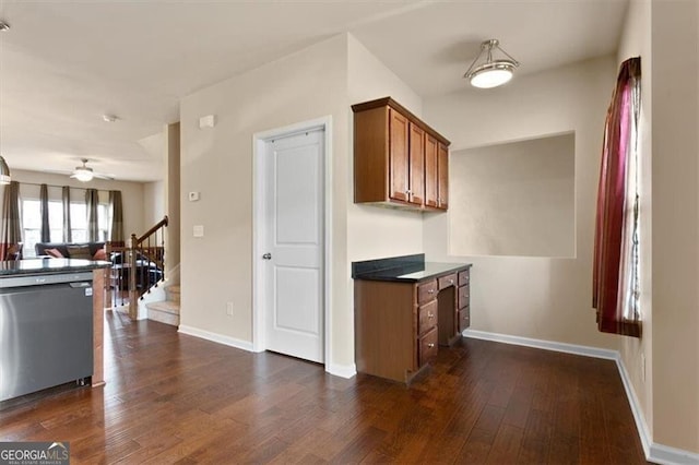 kitchen with brown cabinetry, a ceiling fan, open floor plan, dark wood-type flooring, and stainless steel dishwasher