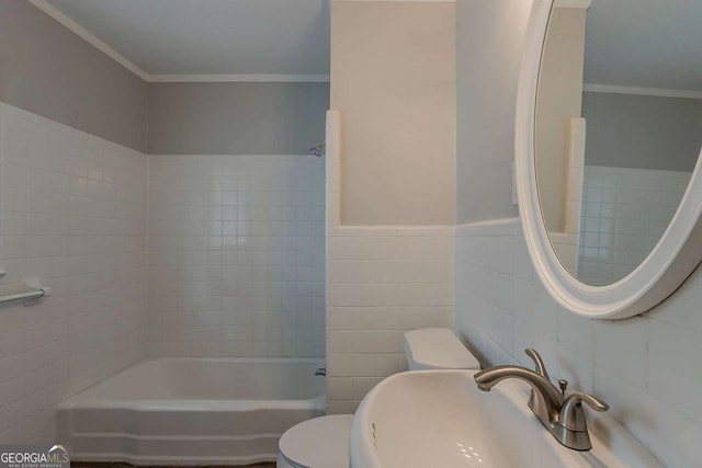 2465 Hogan Rd, Atlanta, GA 30344 - full bath with tile walls, bathtub / shower combination, and crown molding