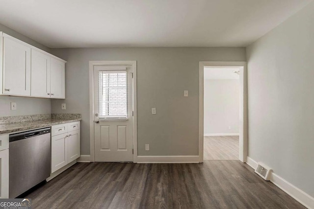 2465 Hogan Rd, Atlanta, GA 30344 - kitchen featuring dishwasher, dark wood-type flooring, white cabinets, and light stone countertops