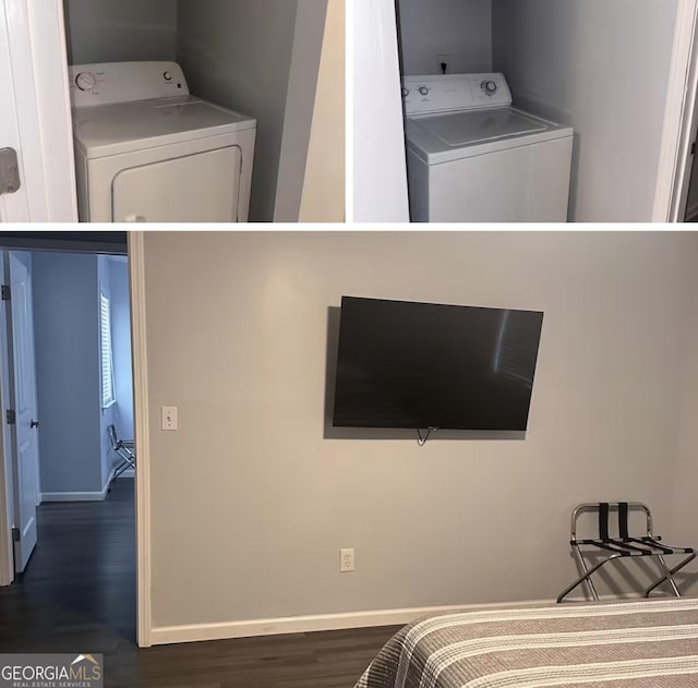3796 Kensingwood Trce, Decatur, GA 30032 - bedroom with baseboards, washer and clothes dryer, and wood finished floors