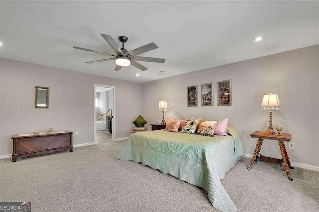 bedroom with baseboards, ceiling fan, recessed lighting, and light colored carpet