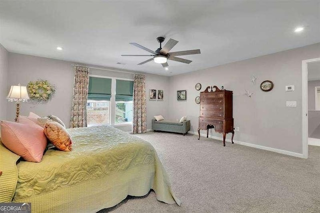 carpeted bedroom with recessed lighting, baseboards, and ceiling fan