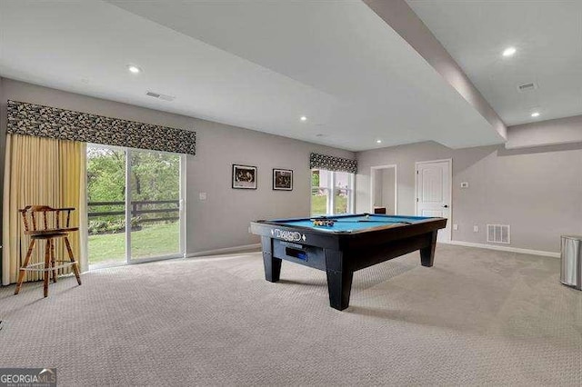 playroom featuring carpet floors, baseboards, and billiards