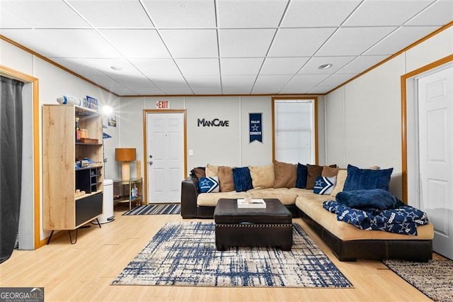 living room featuring crown molding, a drop ceiling, and wood finished floors