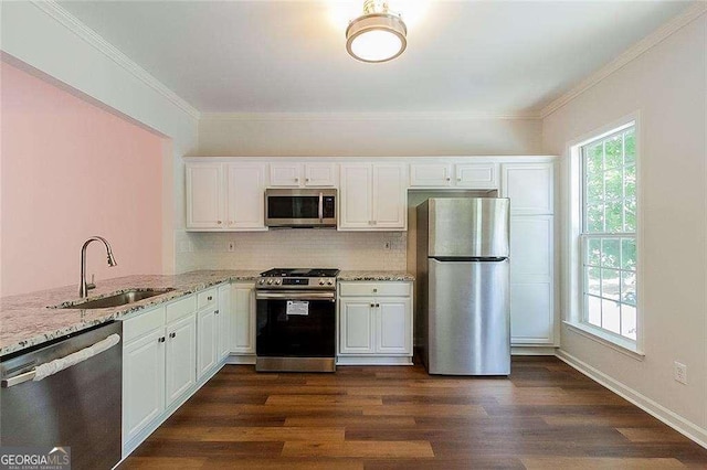 kitchen featuring dark wood-style flooring, tasteful backsplash, light stone counters, a sink, and stainless steel appliances