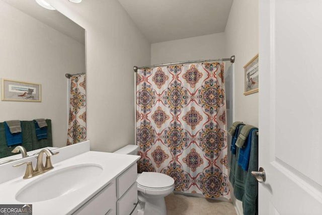 full bath with vanity, tile patterned floors, toilet, and a shower with curtain