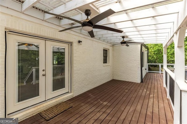 deck with ceiling fan and french doors