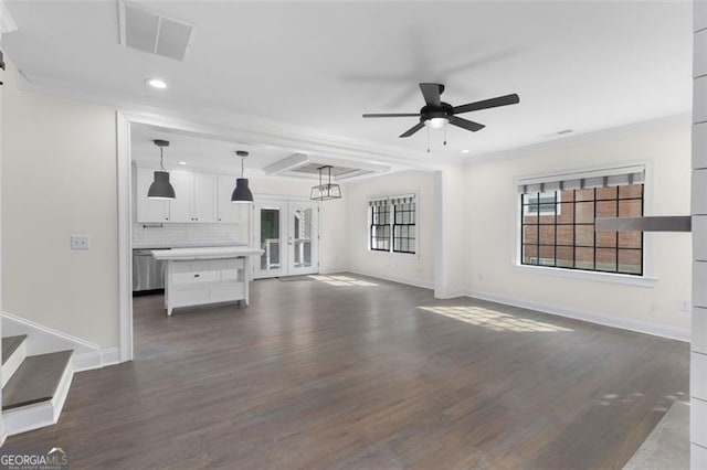unfurnished living room with recessed lighting, ceiling fan, visible vents, and dark wood-style floors