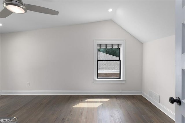 bonus room featuring a ceiling fan, recessed lighting, wood finished floors, lofted ceiling, and visible vents