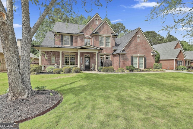 view of front of home with a porch, brick siding, roof with shingles, and a front lawn
