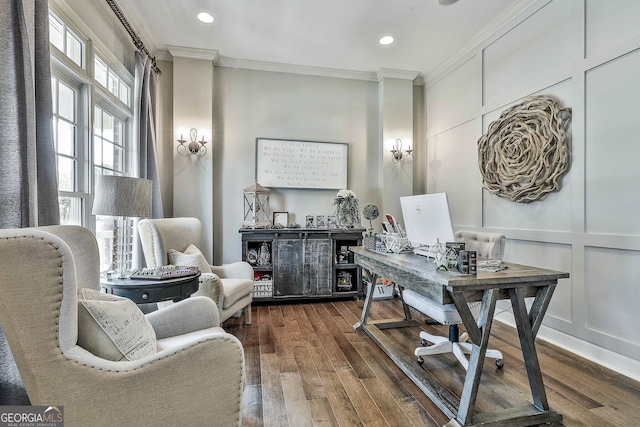 office area featuring recessed lighting, ornamental molding, and dark wood-style floors