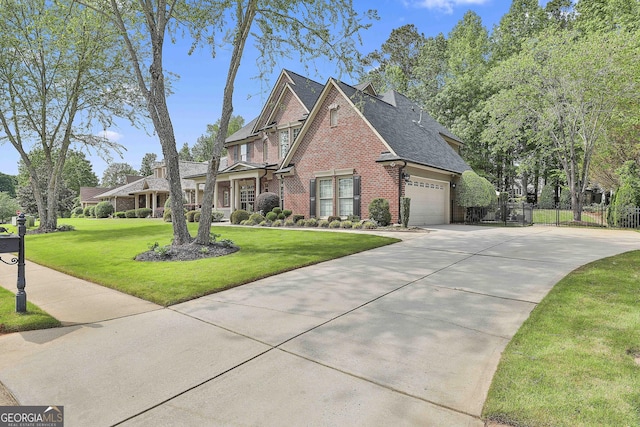 craftsman-style home featuring brick siding, fence, a front lawn, concrete driveway, and a shingled roof