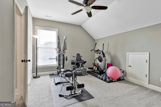 exercise area featuring ceiling fan, visible vents, a healthy amount of sunlight, and carpet