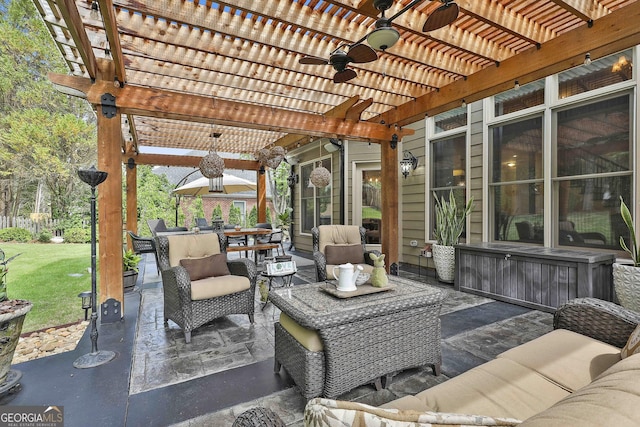 exterior space featuring outdoor dining area, a ceiling fan, a pergola, and an outdoor hangout area