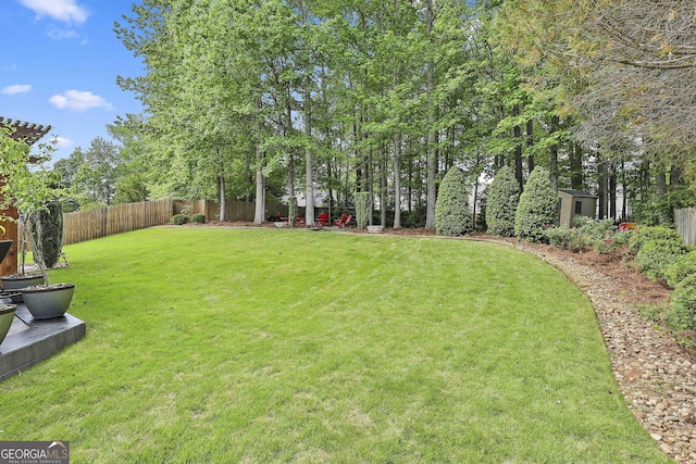 view of yard with an outbuilding and a fenced backyard