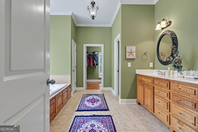 229 Old Plantation Trl NW, Milledgeville, GA 31061 - full bathroom featuring crown molding, a walk in closet, double vanity, and a bath
