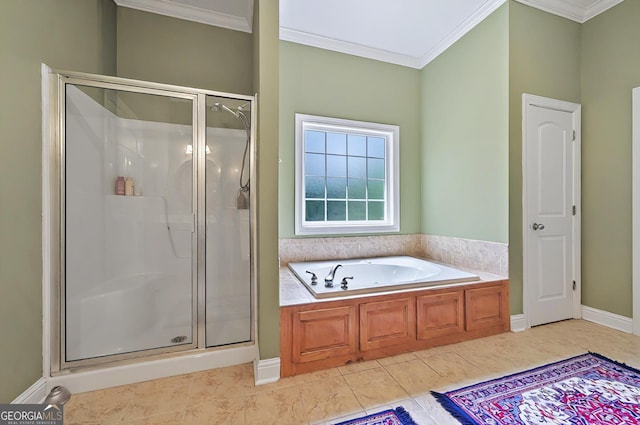 229 Old Plantation Trl NW, Milledgeville, GA 31061 - bathroom featuring crown molding, a garden tub, a stall shower, and tile patterned floors