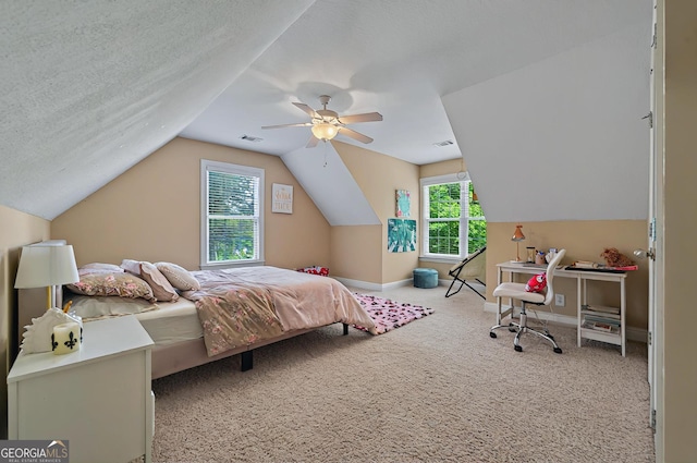 229 Old Plantation Trl NW, Milledgeville, GA 31061 - bedroom with carpet, a ceiling fan, baseboards, lofted ceiling, and visible vents