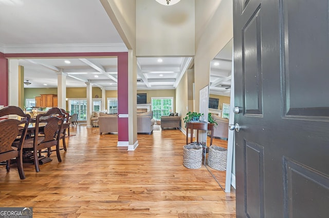 229 Old Plantation Trl NW, Milledgeville, GA 31061 - entrance foyer with ornate columns, beamed ceiling, coffered ceiling, and light wood finished floors