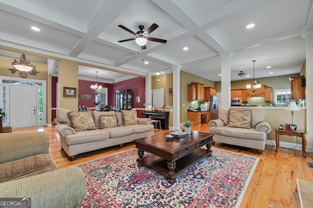 229 Old Plantation Trl NW, Milledgeville, GA 31061 - living area featuring beam ceiling, light wood-style floors, recessed lighting, coffered ceiling, and ceiling fan with notable chandelier