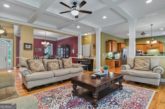 229 Old Plantation Trl NW, Milledgeville, GA 31061 - living room featuring ceiling fan with notable chandelier, ornate columns, light wood-style floors, coffered ceiling, and recessed lighting