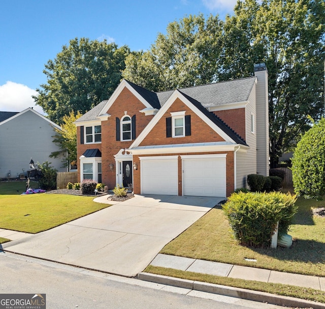 traditional-style home with brick siding, a chimney, driveway, and a garage