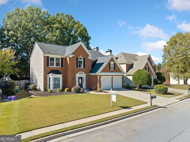 view of front of house with concrete driveway, a chimney, a garage, brick siding, and a shingled roof