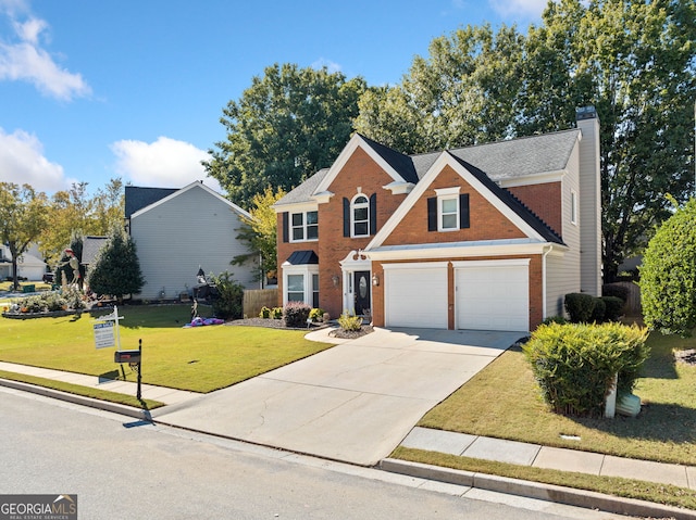 traditional-style home with a garage, driveway, a chimney, brick siding, and a front lawn