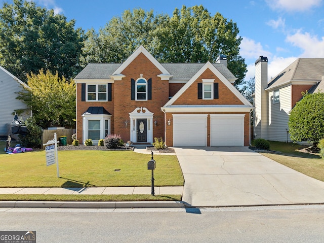 view of front of home featuring brick siding, driveway, a front lawn, and a garage
