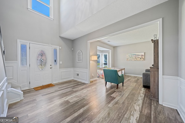 foyer entrance with healthy amount of natural light, wainscoting, light wood-style flooring, and a decorative wall