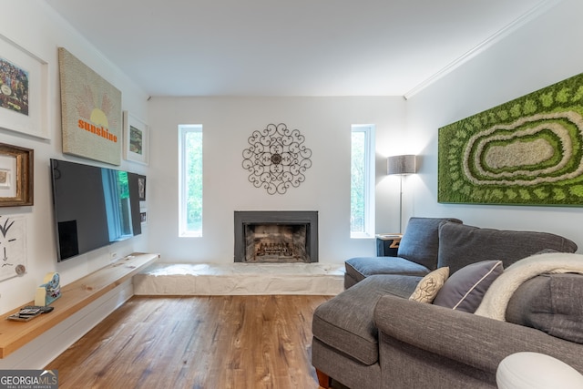 living area featuring a fireplace with raised hearth, wood finished floors, and crown molding