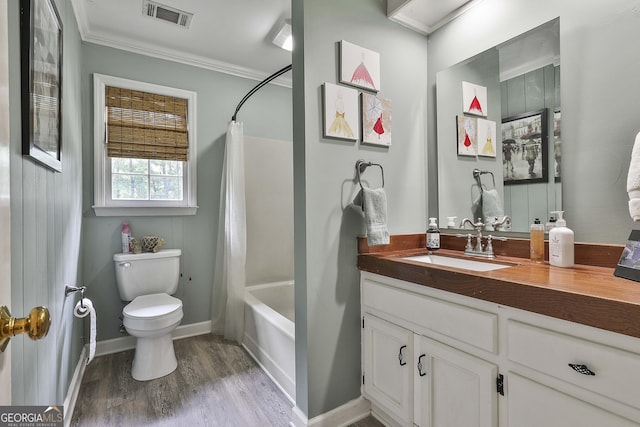 159 May Ln, Zebulon, GA 30295 - bathroom with crown molding, vanity, toilet, wood finished floors, and visible vents
