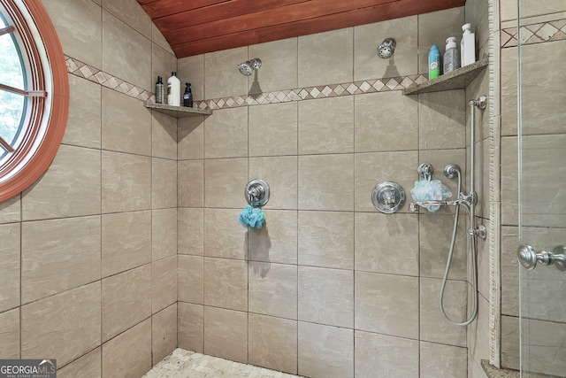 159 May Ln, Zebulon, GA 30295 - bathroom featuring wood ceiling and a tile shower