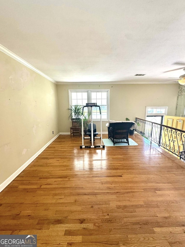 workout area featuring crown molding, baseboards, and plenty of natural light