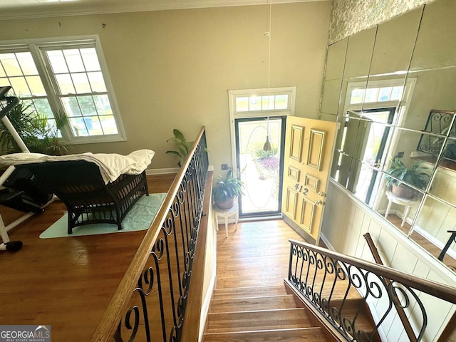 foyer featuring baseboards, ornamental molding, and wood finished floors